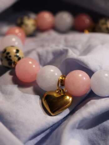 Kamień dalmatyński z magicznym jadeitem- bransoletka z kamieni naturalnych z sercem